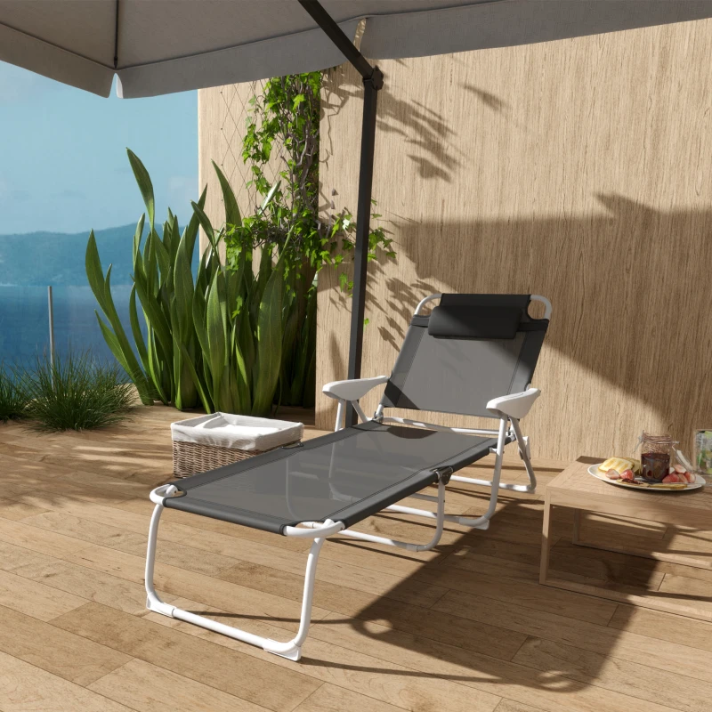 Outsunny Outdoor Sun Lounger, Folding Chaise Lounge with 4-level Adjustable Backrest, Charcoal Grey