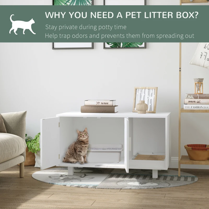PawHut Cat Litter Box Enclosure, Hidden Litter Box Furniture, Cat House End Table Washroom with Scratching Pad, for Indoor Cats Kittens, White