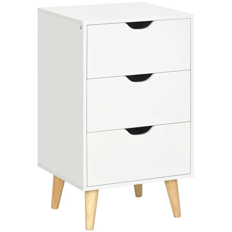 HOMCOM Bedside Table, Modern Nightstand with 3 Drawers, Side End Table with Wood Legs for Living Room, Bedroom, White