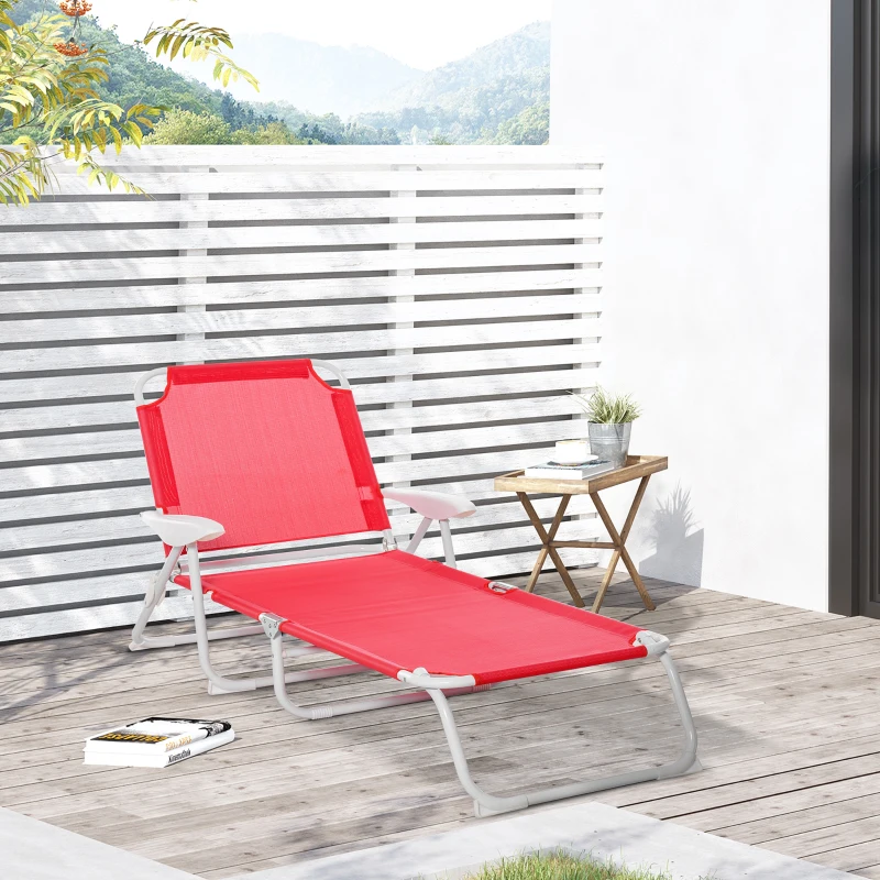 Outsunny Outdoor Sun Lounger, Folding Chaise Lounge with 4-level Adjustable Backrest, Red