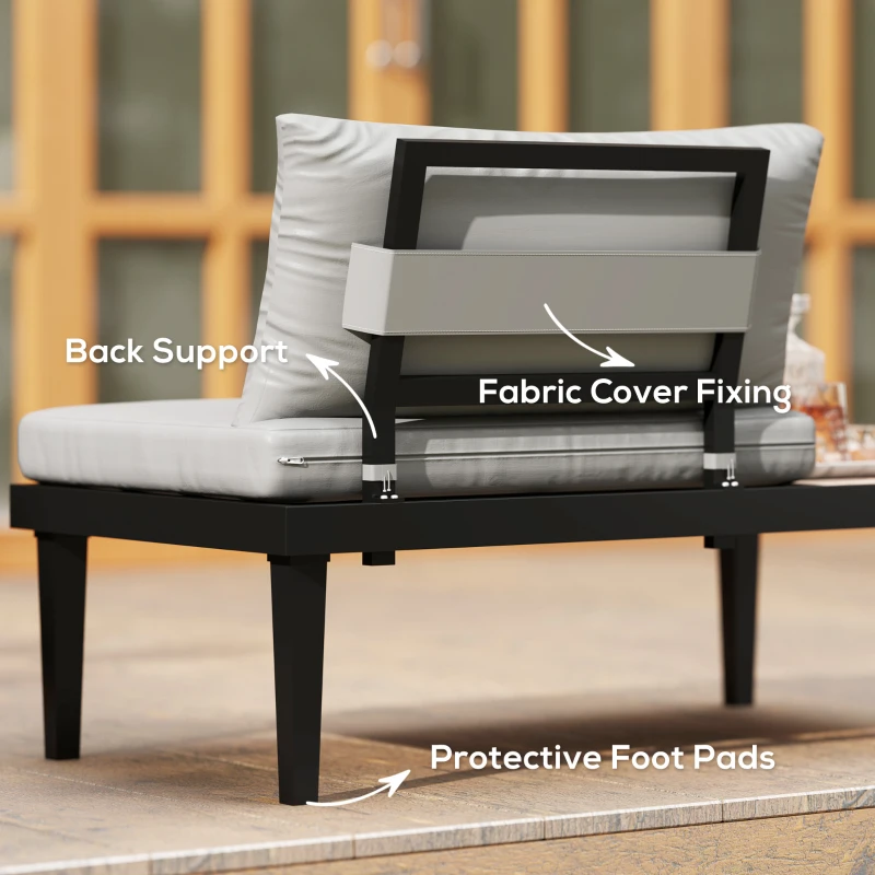 Outsunny 2 Seater Patio Sofa, Outdoor Sofa Couch with Wood Grain Side Tray and Cushions for Balcony, Backyard, Grey