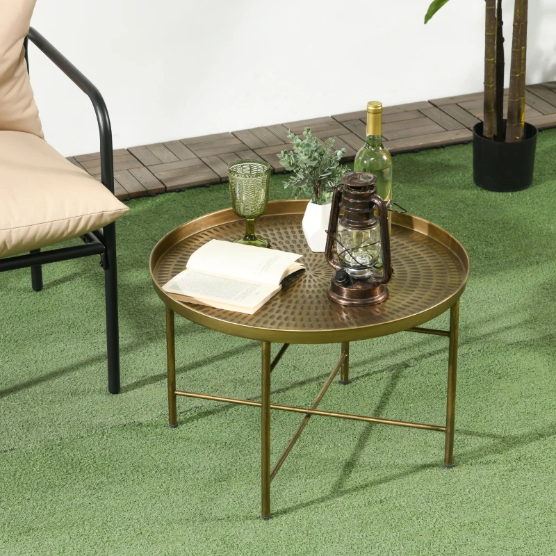 HOMCOM Vintage Coffee Table for Living Room, 24" Round Center Table with Hammered Tray Top and Metal Frame, Gold