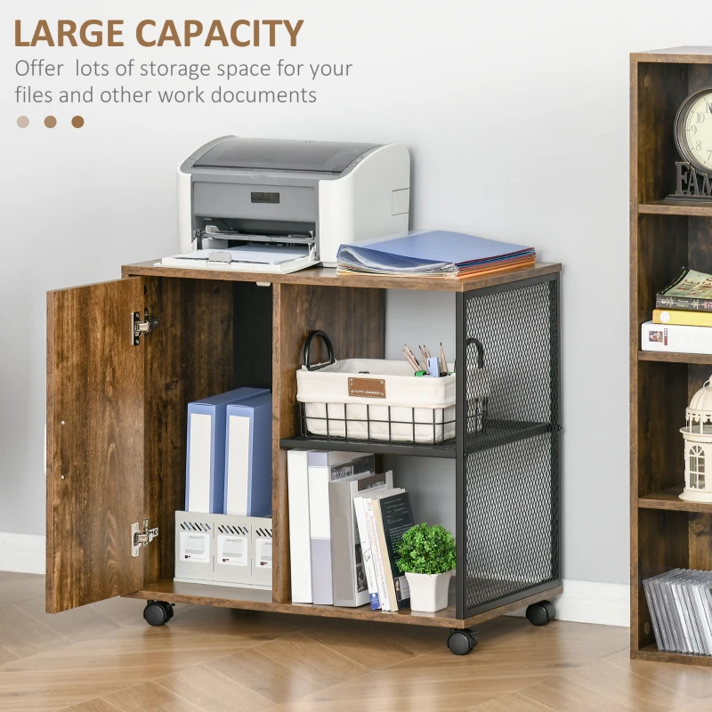 HOMCOM Lateral Filing Cabinet, Mobile File Cabinet Printer Stand Home Office Organizer with Wheels, Rustic Brown