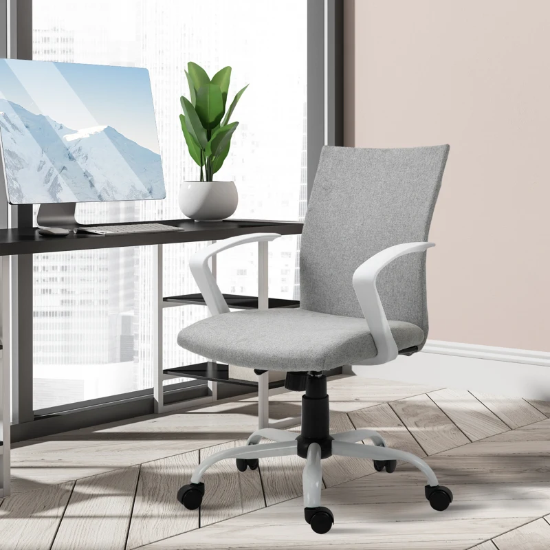 Vinsetto Linen Mid Back Office Chair With Tilt Function, Swivel Computer Chair, Light Grey