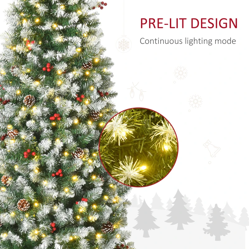 HOMCOM 6 ft Snow-Dipped Pencil Christmas Tree Pre-Lit Holiday Decoration with LED Lights Pine Cones Red Berries Green