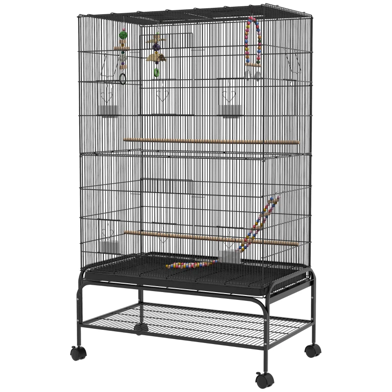 PawHut 63" Bird Cage w/ Open Top for Budgies, Cockatiels, Lovebirds Finches, Stand, Toys, Removable Tray, Storage Shelf