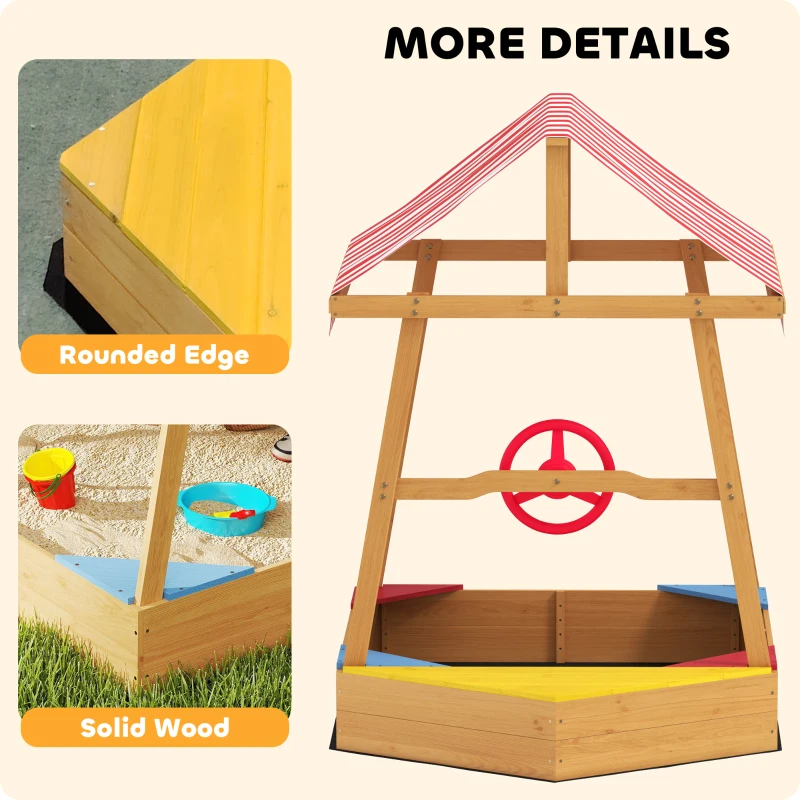 Qaba Wooden Kids Sandbox with Cover, 4 Seats, Rudder, Deck, Bottom Liner, 52" x 40" x 55.5", for Ages 3-8, Yellow