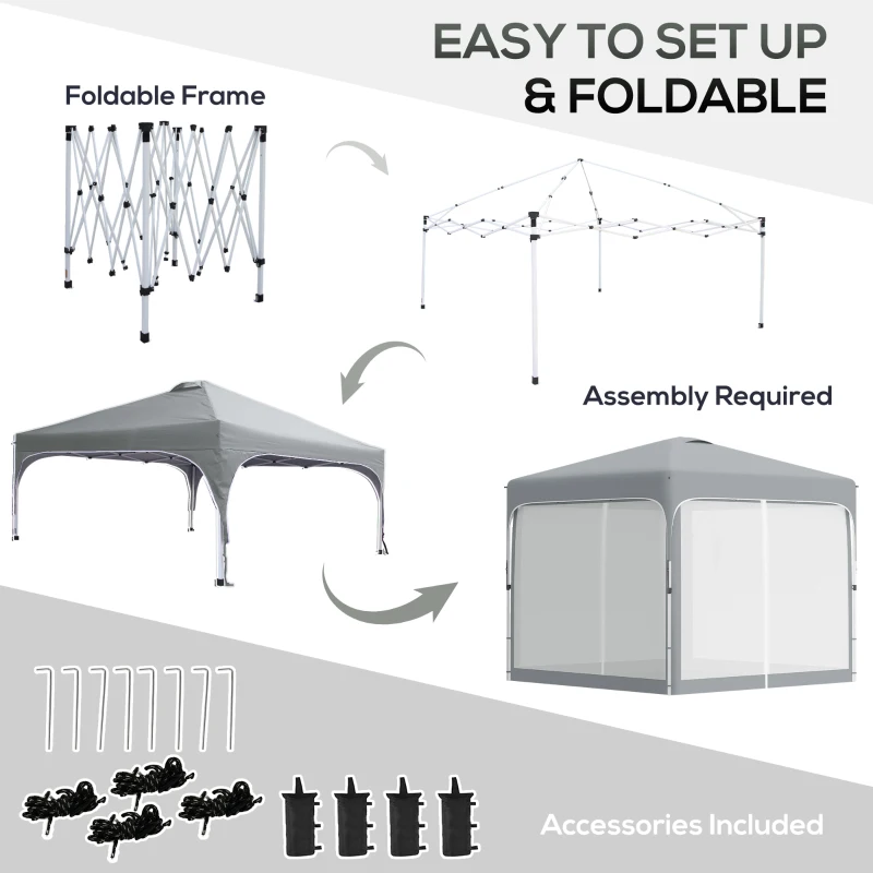 Outsunny 10' x 10' Pop Up Gazebo, Foldable Canopy Tent with Carrying Bag with Wheels, 4 Leg Weight Bags, Mesh Sidewalls and 3-Level Adjustable Height for Garden Patio Party, Grey