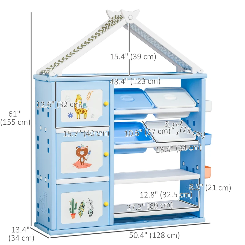 Qaba Kids Toy Organizer and Storage Book Shelf with shelves, storage cabinets, storage boxes, and storage baskets, Blue