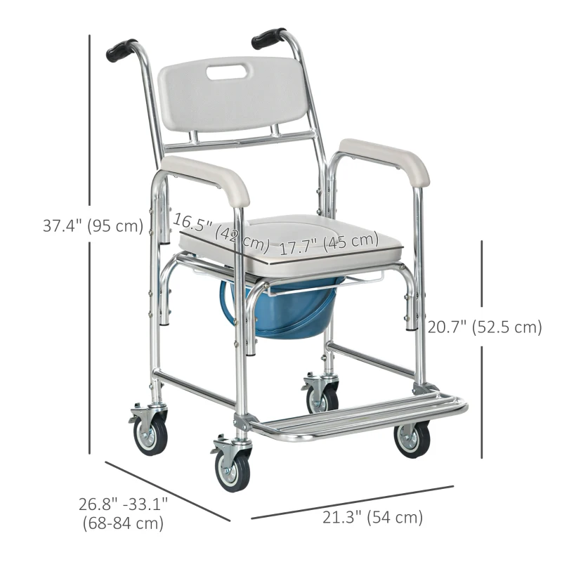 HOMCOM 3-in-1 Shower Commode Wheelchair, Transport Beside Commode Chair with Padded Seat for the Elderly, Disabled