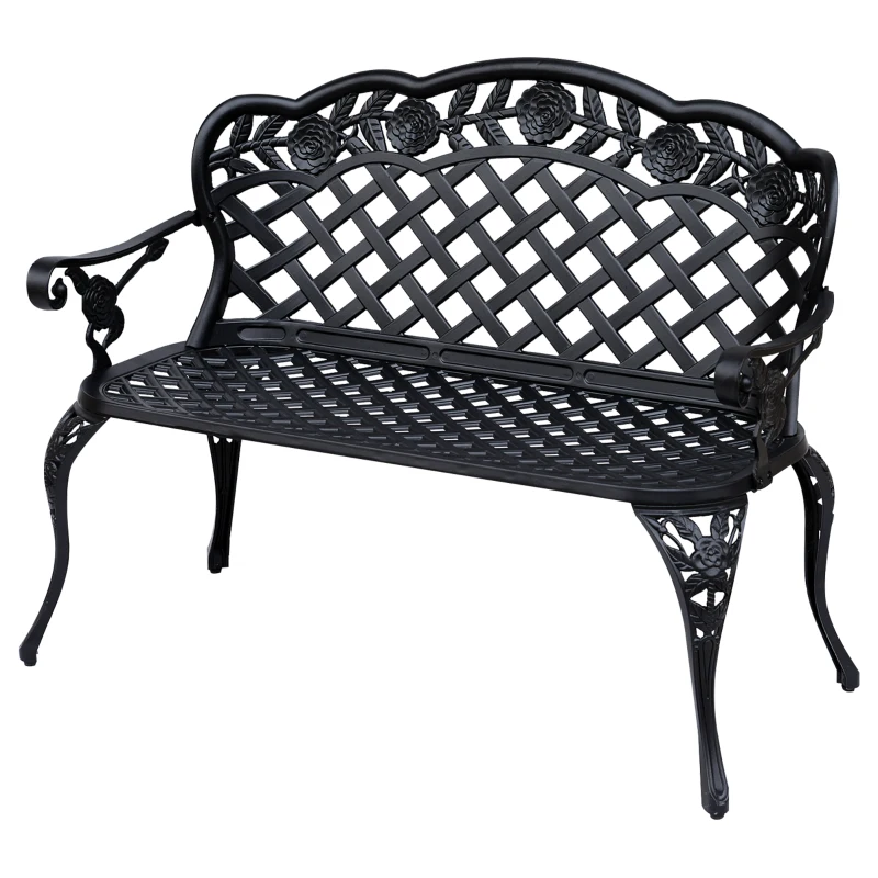 Outsunny Metal Garden Bench, 2 Seater Outdoor Patio Loveseat with Armrest and Floral Scroll Backrest, 42.1"x22.8"x33.5", Black