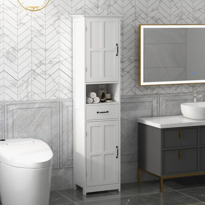 kleankin Modern Bathroom Cabinet, Narrow Bathroom Vanities with Open Shelf Drawer Recessed Doors and Adjustable Shelves White