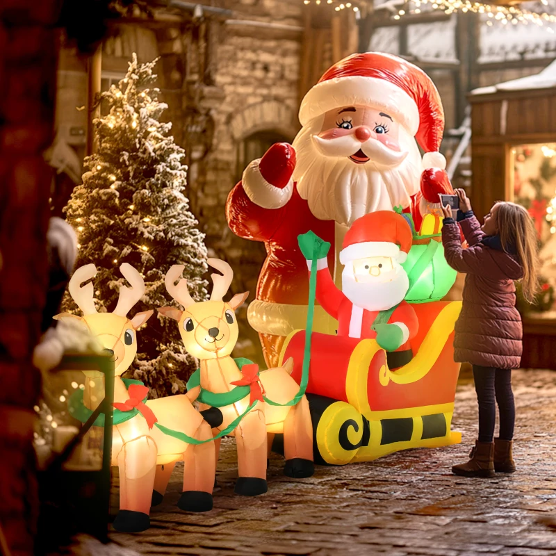 HOMCOM 8ft Christmas Inflatables Santa Claus with Sleigh and Reindeer, Outdoor Decoration with LED Lights Display