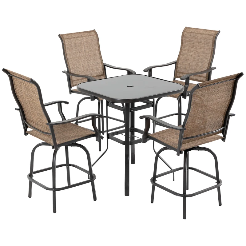 Outsunny 5 Pieces Patio Furniture Set, Outdoor Garden Conversation Set with Tempered Glass Table, 4 Swivel Chairs and Umbrella Hole, Brown