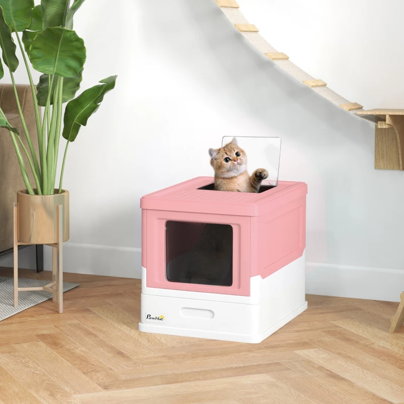 PawHut Top Entry Enclosed Kitty Litter Box with Scoop, Tray, Front Entry, Large Space, Foldable, Portable, Pink