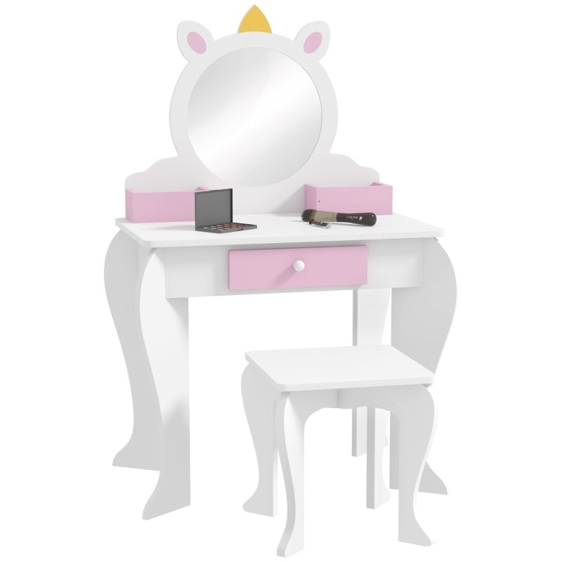 Qaba Kids Makeup Vanity Set with Stool, Mirror, Drawer, Storage Boxes, Unicorn Design, White