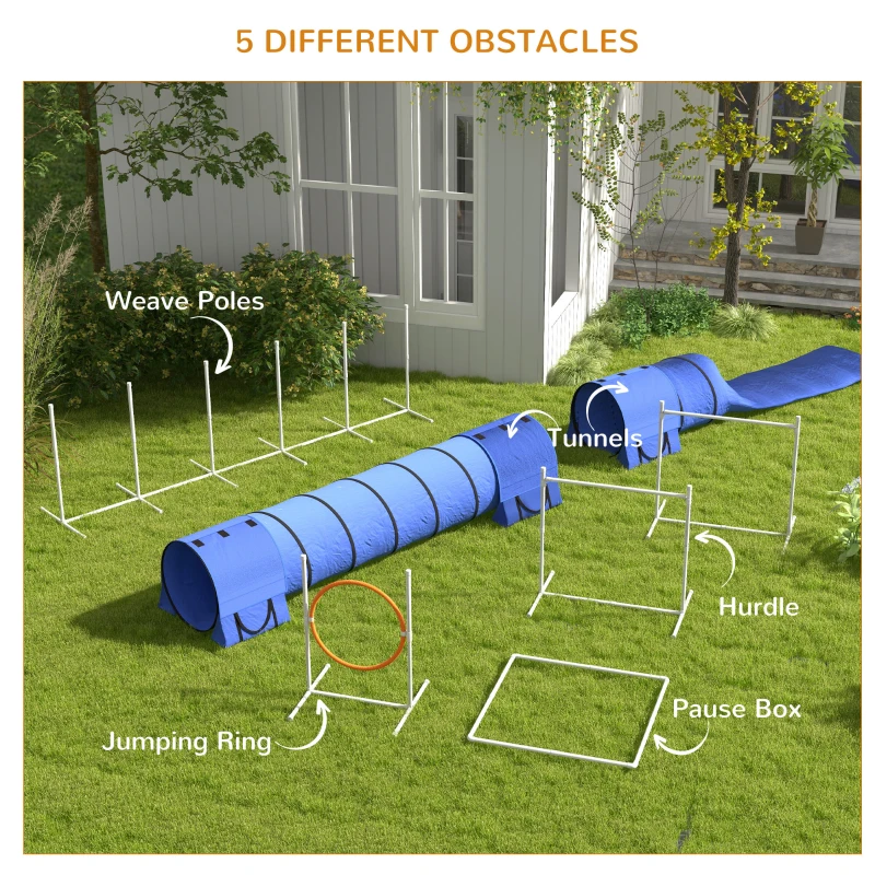 PawHut 7 Pcs Dog Agility Kit w/ Tunnels, Weave Poles, Adjustable Hurdles, Jump Ring, Pause Box, Whistle, Carry Bag, Blue