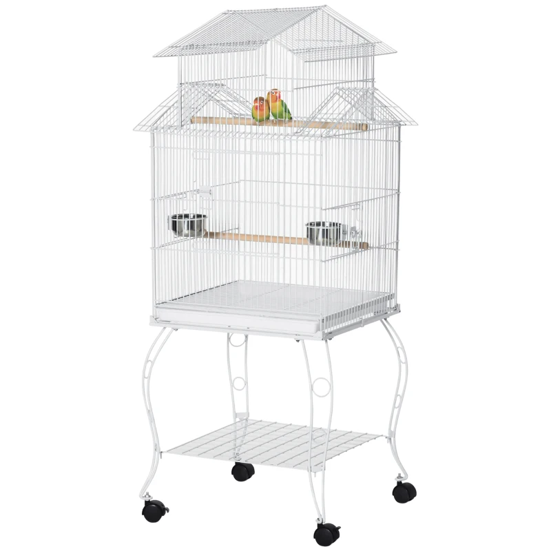 PawHut 53.9'' Large Rolling Steel Bird Cage Bird House with Detachable Rolling Stand, Storage Shelf, Wood Perch, Food Container, White