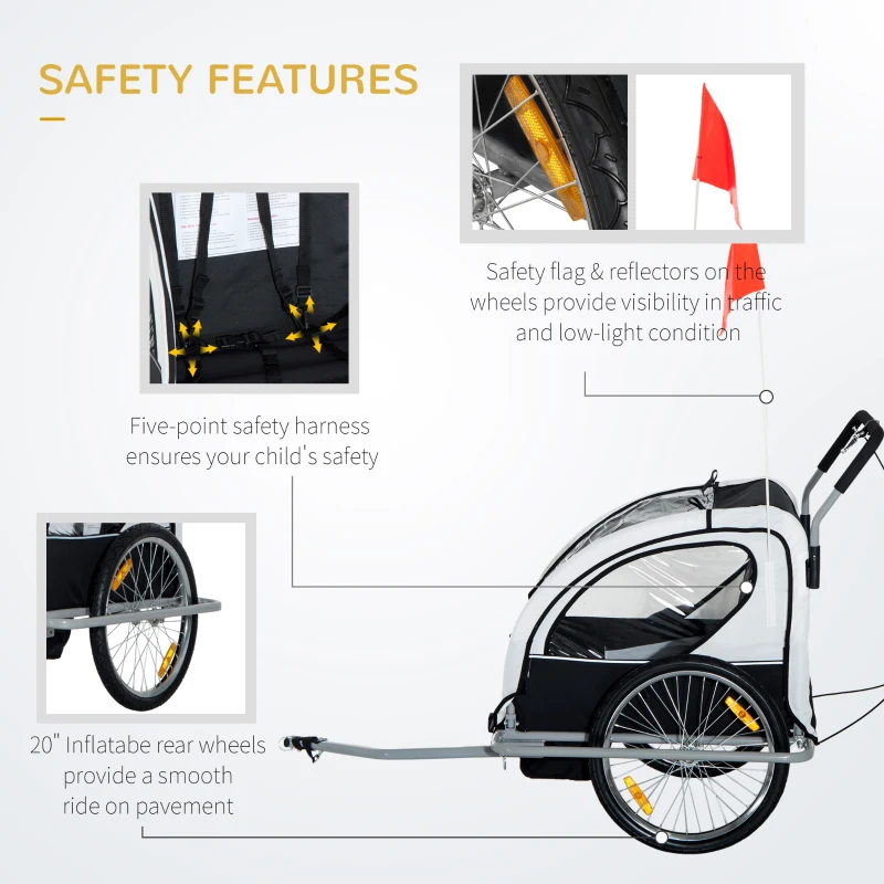 Aosom Child Bike Trailer Kid Bicycle Trailer with Adjustable Handlebar 2-Seater Grey and Black