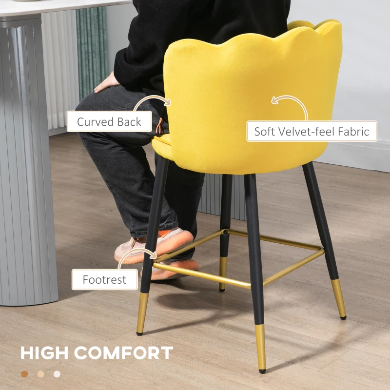 HOMCOM Bar Stools Set of 2 Modern Counter Height Bar Stools with Back, Footrest for Home Kitchen, 23.2"x20.5"x35.4", Yellow