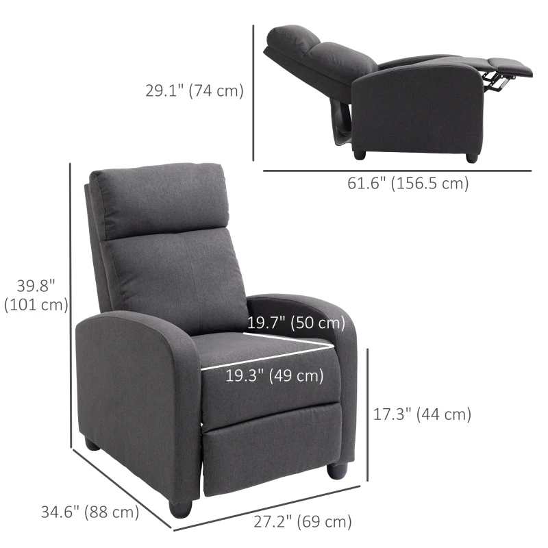 HOMCOM Fabric Recliner Armchair Manual Home Theater Seating Single Reclining Sofa Chair with Padded Seat for Living Room, Dark Grey