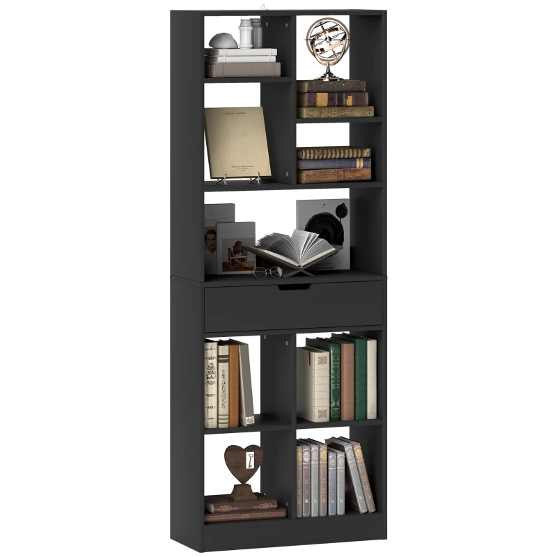 HOMCOM Tall Bookshelf with Drawer, Freestanding Bookcase for Bedroom, Living Room, Home Office, Black