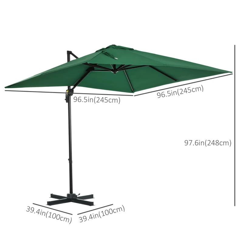Outsunny 8' x 8' Square Cantilever Umbrella with 360° Rotation, Aluminum Outdoor Cantilever Market Parasol with Crank & Tilt, Garden Sun Canopy Shelter with Cross Base, Green