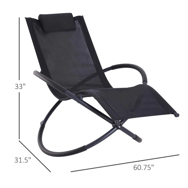 Outsunny Outdoor Rocking Lounge Chair, Foldable Zero Gravity Rocking Chair, Orbital Outdoor Patio Chaise Lounge Rocker with Mesh Seat and Pillow, Black
