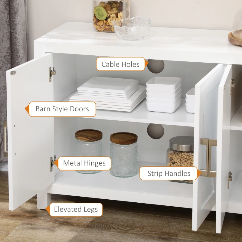 HOMCOM Sideboard Cabinet Buffets Table with Barn Style Doors TV Cabinet Stand for TVs up to 65" with 4 Cable Holes White