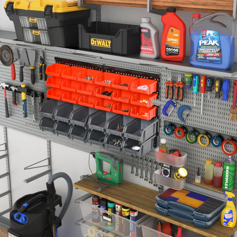 DURHAND Wall Mounted Storage Bin Rack Tool Organizer with 30 Bins, Pegboard for Garage Workshops Red