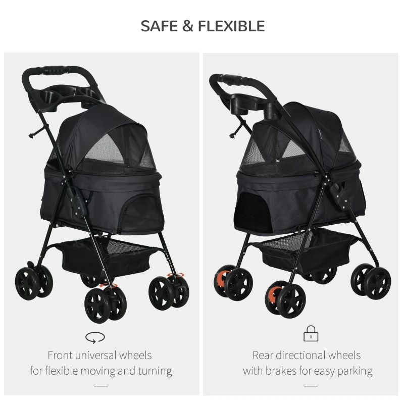 PawHut Dog Stroller Foldable Design with Storage Basket, Adjustable Canopy, Cup Holder, Safety Leashes, for Mini Dogs, Black