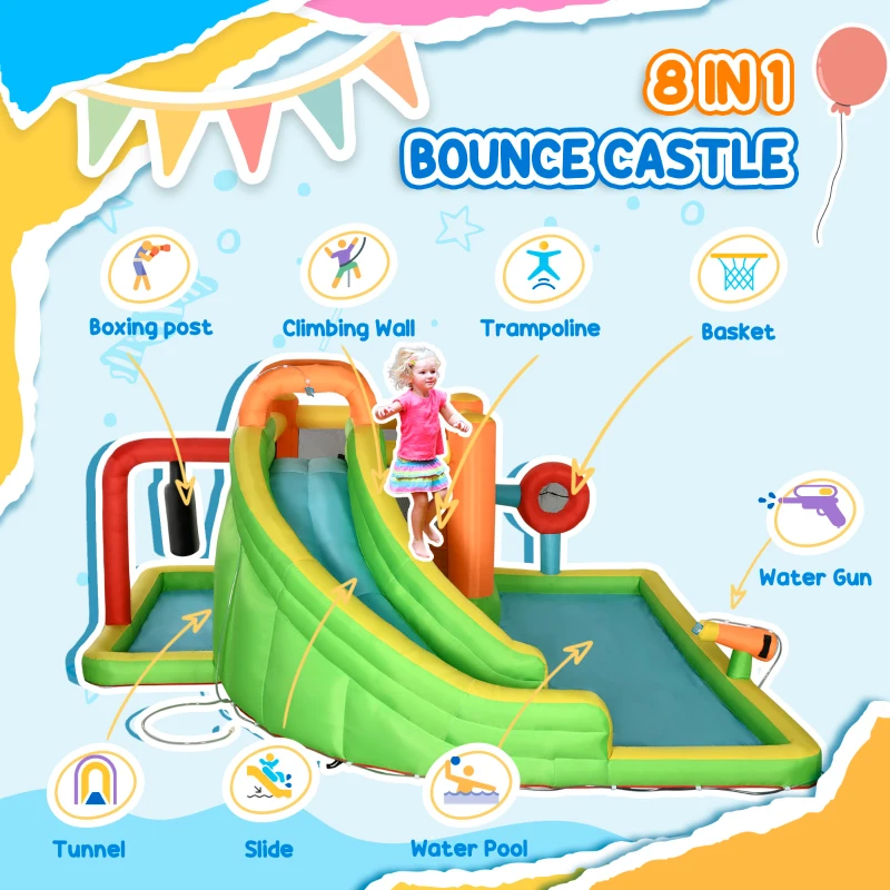 Outsunny Extra Large 8-in-1 Bouncy Castle for Kids, Inflatable Water Slide Bounce House w/ Slide Trampoline Pool Water Gun Ball-target Boxing Post Tunnel Carry Bag 750W Air Blower