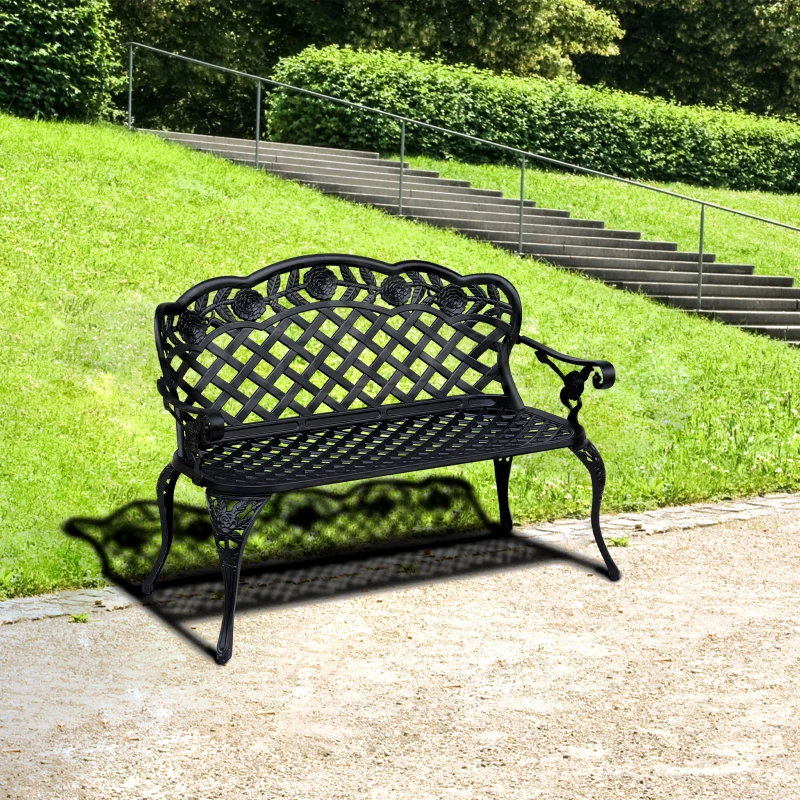 Outsunny Metal Garden Bench, 2 Seater Outdoor Patio Loveseat with Armrest and Floral Scroll Backrest, 42.1"x22.8"x33.5", Black