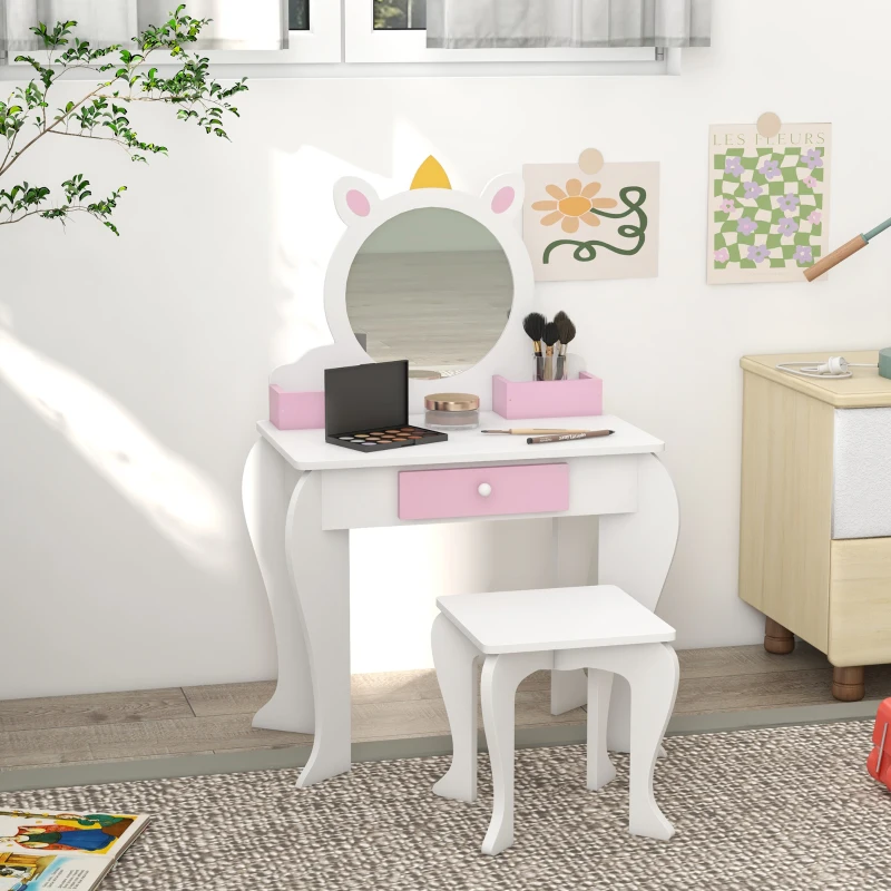 Qaba Kids Makeup Vanity Set with Stool, Mirror, Drawer, Storage Boxes, Unicorn Design, White