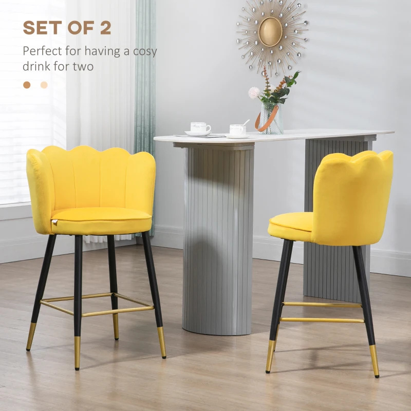 HOMCOM Bar Stools Set of 2 Modern Counter Height Bar Stools with Back, Footrest for Home Kitchen, 23.2"x20.5"x35.4", Yellow