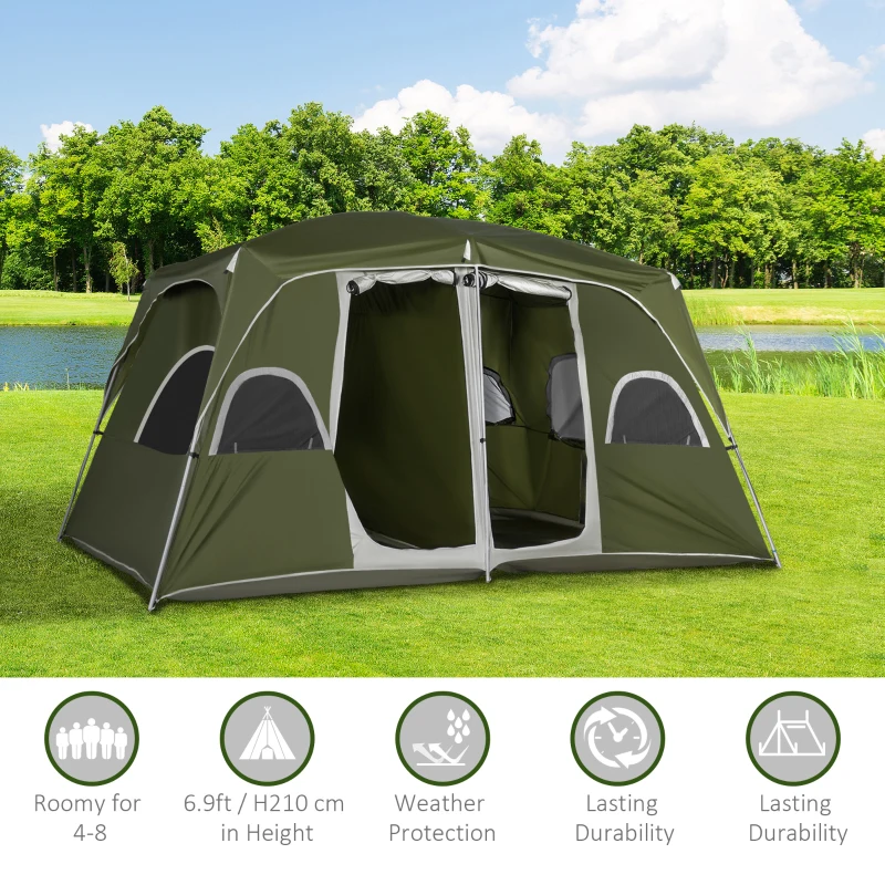 Outsunny 4-8 Person Family Tent, Camping Tent with 2 Room Mesh Windows, Easy Set Up for Backpacking, Hiking, Outdoor, Dark Green
