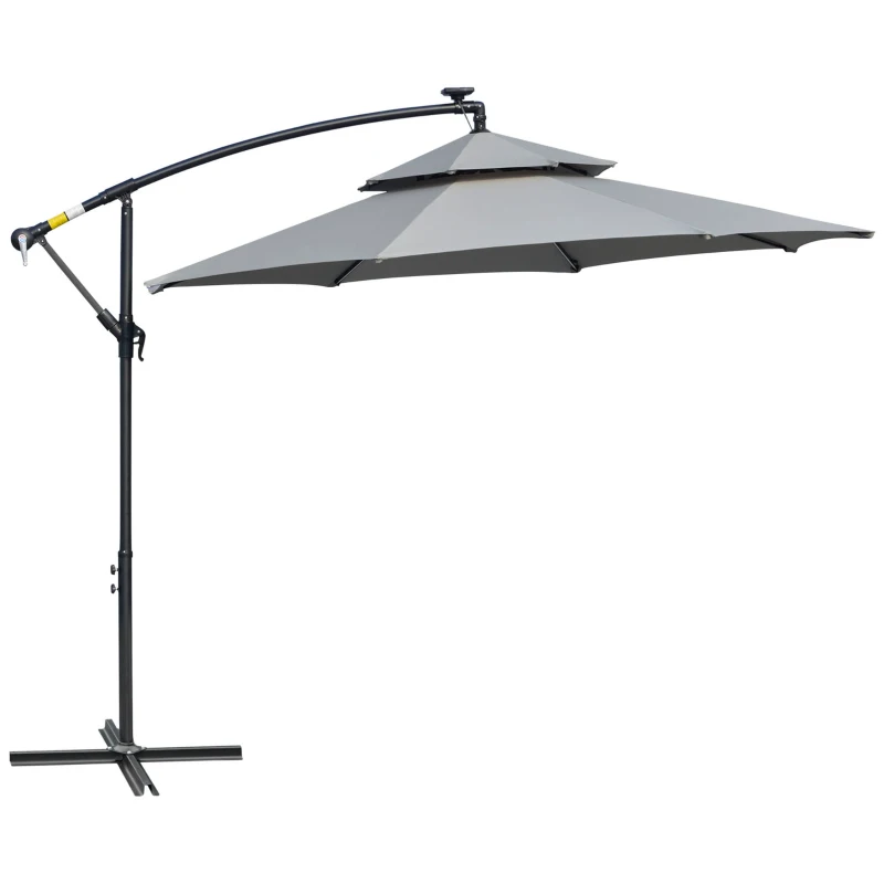 Outsunny 10FT Cantilever Patio Umbrella with Lights Solar Powered Offset Umbrella with Crank and Cross Base for Deck Light Grey