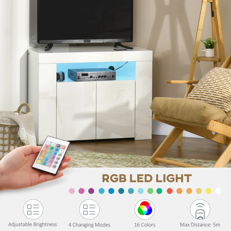 HOMCOM Corner TV Cabinet for 40 inches with LED Lights, High Gloss TV Stand with Cable Management and Open Shelf, White