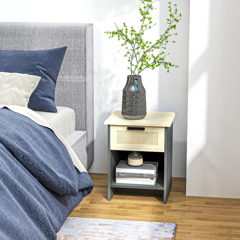 HOMCOM 2 Pieces Nightstands, Boho Bedside Tables with Drawer and Storage Shelf for Bedroom, Living Room, Black