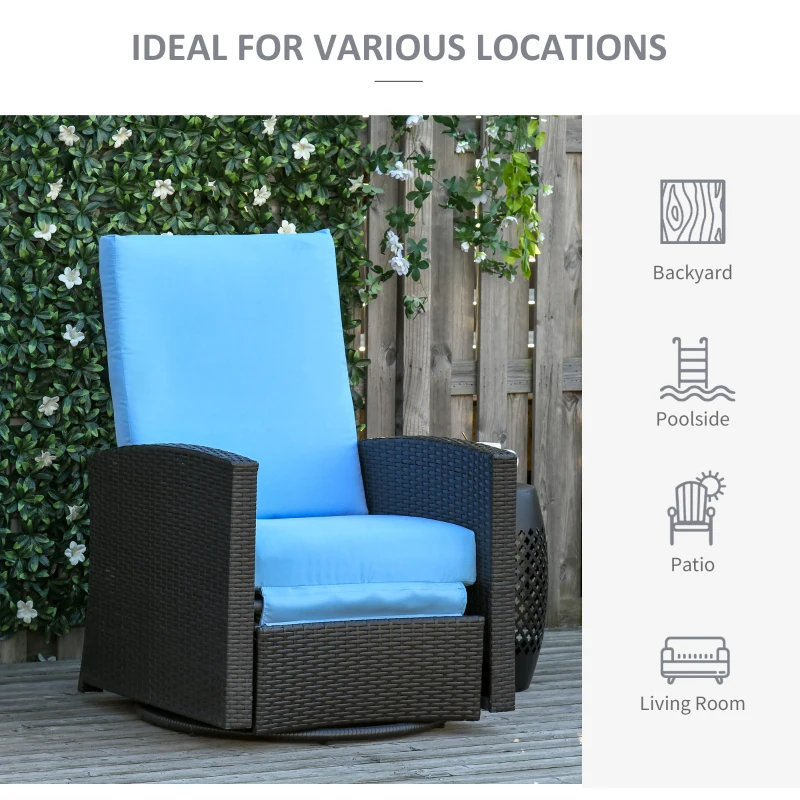 Outsunny Outdoor Rattan Wicker Lounge Chair with Footrest & Soft Cushion for Patio, Garden, Backyard, Sky Blue