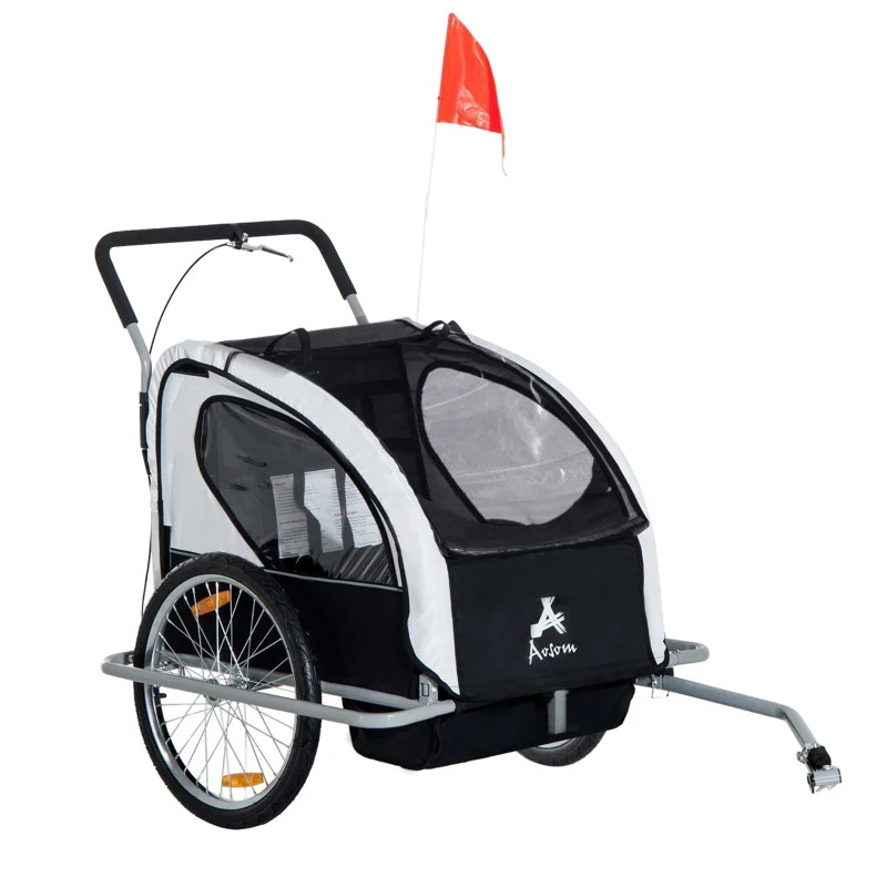 Aosom Child Bike Trailer Kid Bicycle Trailer with Adjustable Handlebar 2-Seater Grey and Black