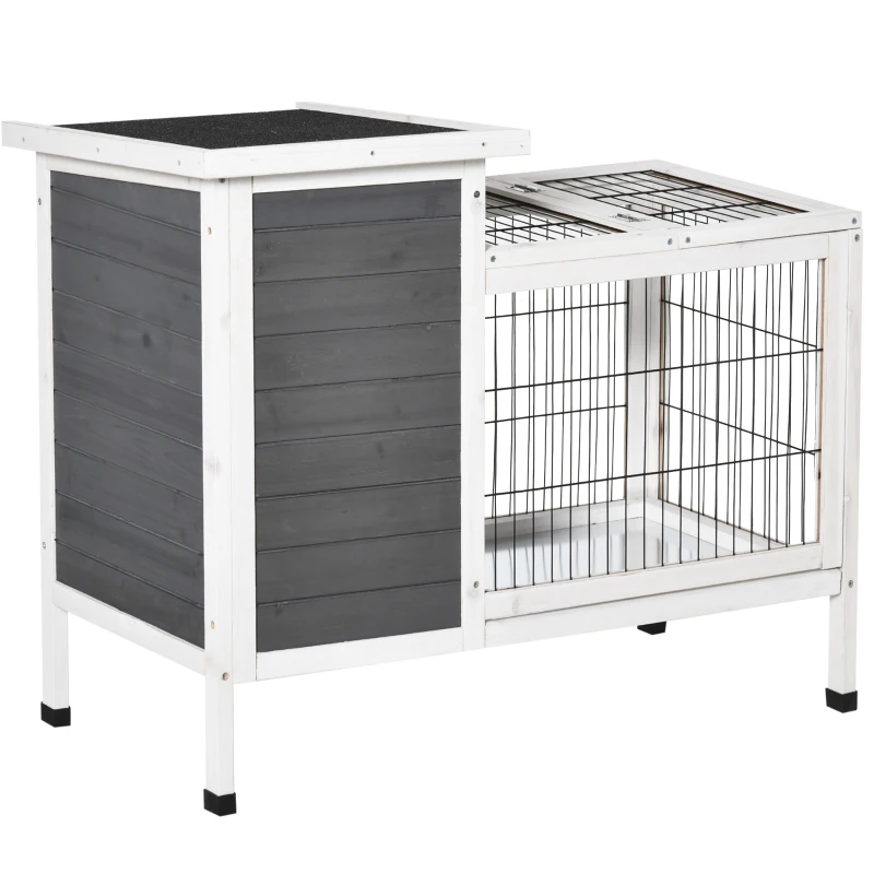 PawHut Outdoor Rabbit Hutch Wooden Bunny Hutch Rabbit Litter Box with Run,Open Roof, 36.25"L x 20"W x 30"H, Grey/White