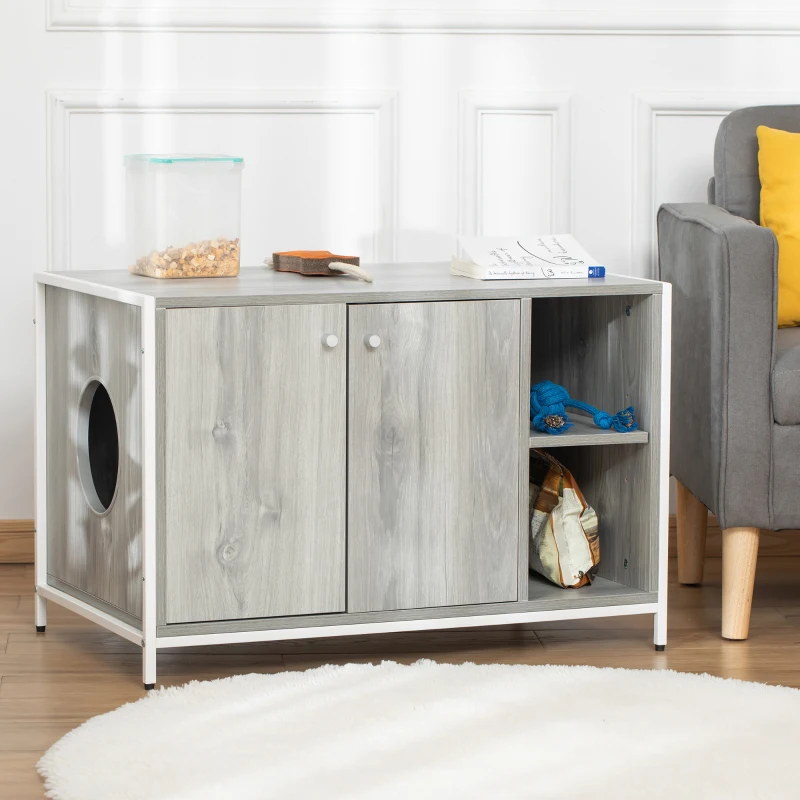 PawHut Cat Litter Box Enclosure Hidden Cat Furniture Cabinet Indoor Cat Washroom Double-door Nightstand End Table with Damping Hinge Multiple Storage Place Adjustable Partition Grey