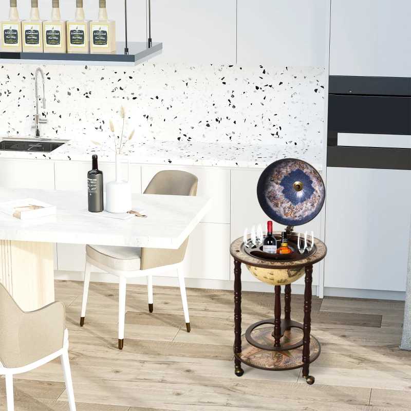 HOMCOM Rolling 18" Globe Wine Bar Stand Wine Cabinet Bottle Shelf Holder Wine Host Trolley with Wheels, Beige