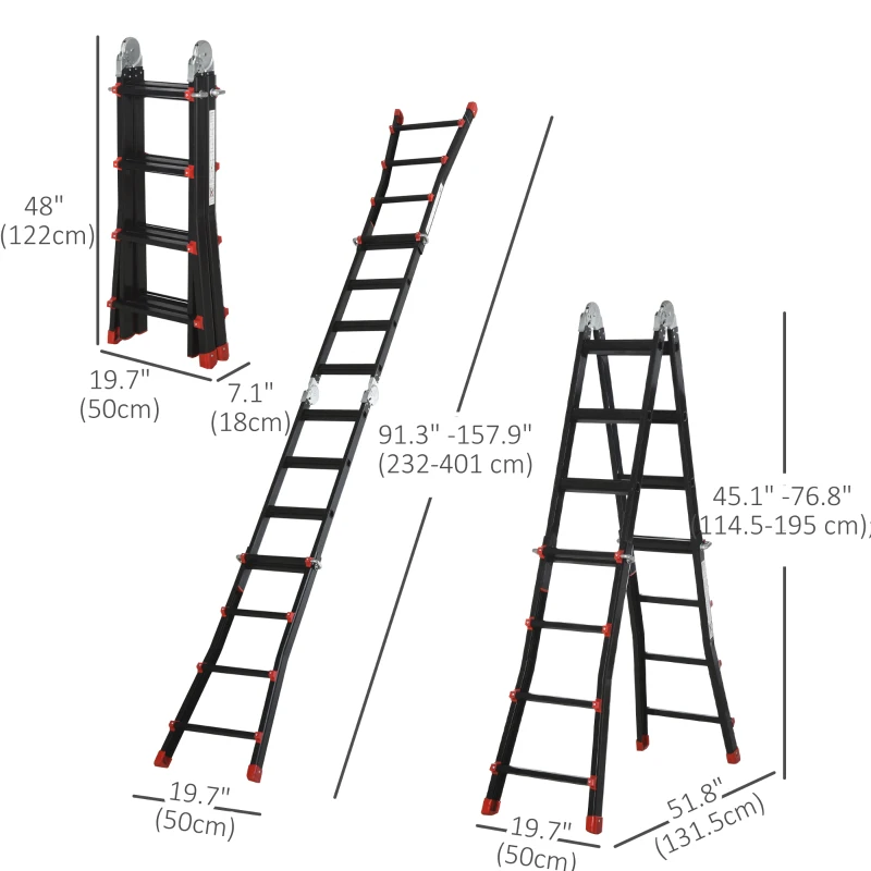 HOMCOM 13FT Aluminum Telescoping Ladder Folding Telescopic Ladder with Adjustable Height Non-Slip Feet 330lb Capacity Black