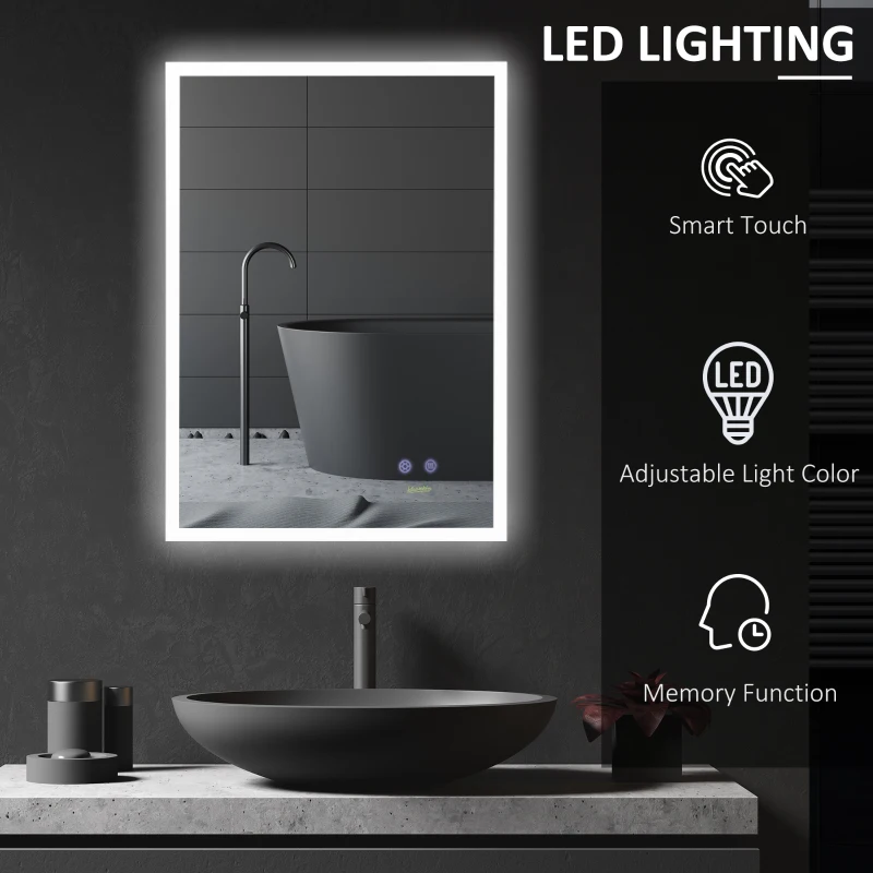 kleankin 28" x 20" LED Bathroom Mirror, Anti Fog Wall-Mounted Mirror with 3 Temperature Colors, Memory Function, Plug-in