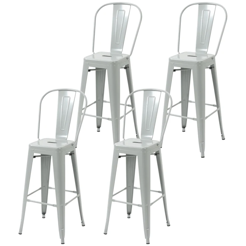 HOMCOM Set of 4 Bar Stools Kitchen Industrial Breakfast Bistro Cafe Metal Frame Silver Grey