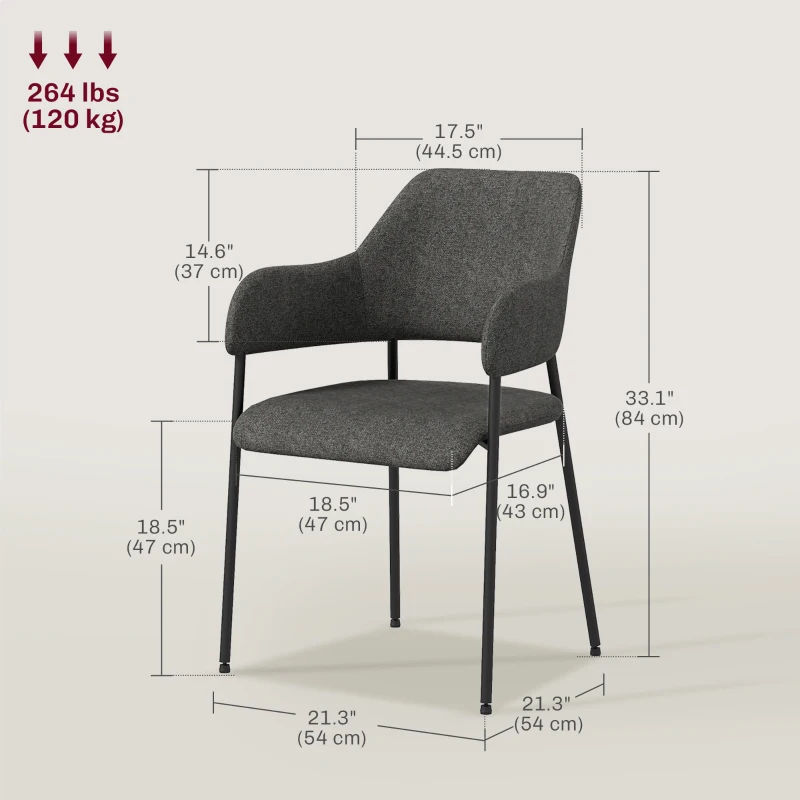 HOMCOM Dining Room Chairs Set of 2, Fabric Kitchen Chairs with Armrests and Steel Legs for Living Room, Black