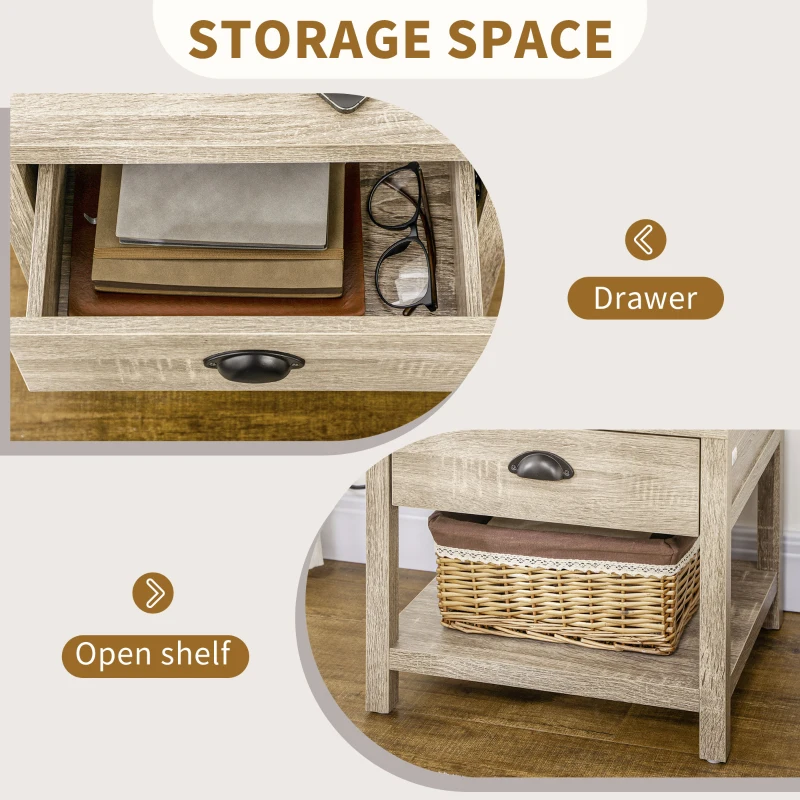 HOMCOM Bedside Table, Side End Table with Charging Station, Drawer and Shelf for Bedroom, 17.7" x 15.7" x 18.1", Oak Tone