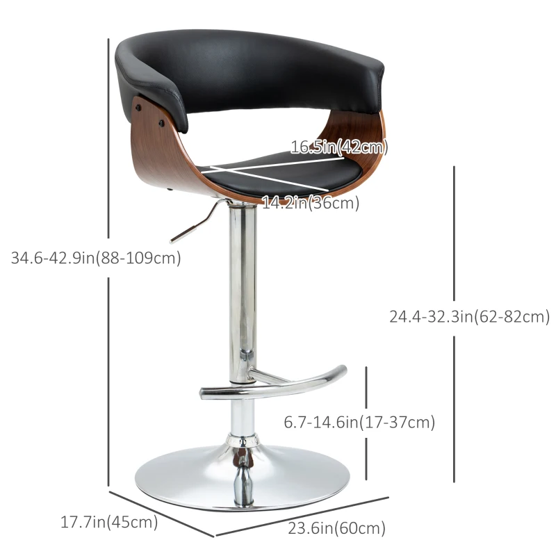 HOMCOM Counter Height Bar Stools Set of 2, Height Adjustable Swivel Barstools, PU Leather Bar Chairs with Arms and Footrest, Black